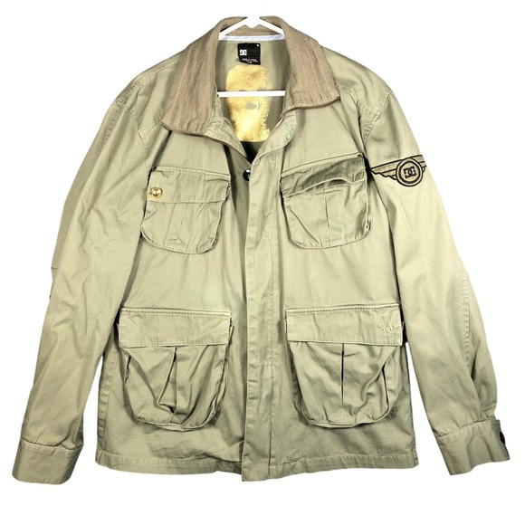 DC Shoes Men's Utility Field Military Jacket Green Cargo Pockets Embroidered L
